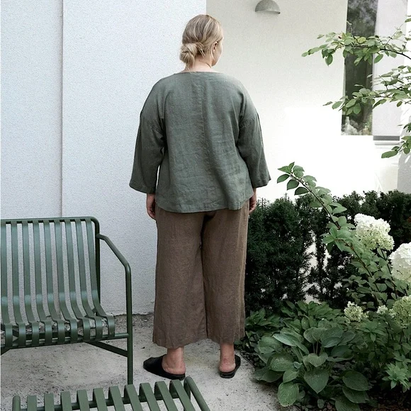 Linen Green and Brown Wide Leg Pants - Picture 15 of 16
